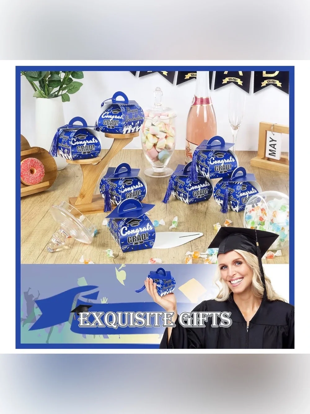 Graduation Party Favors Boxes,32pcs Cap Candy Box with Tassel, Treat Boxes(Blue)